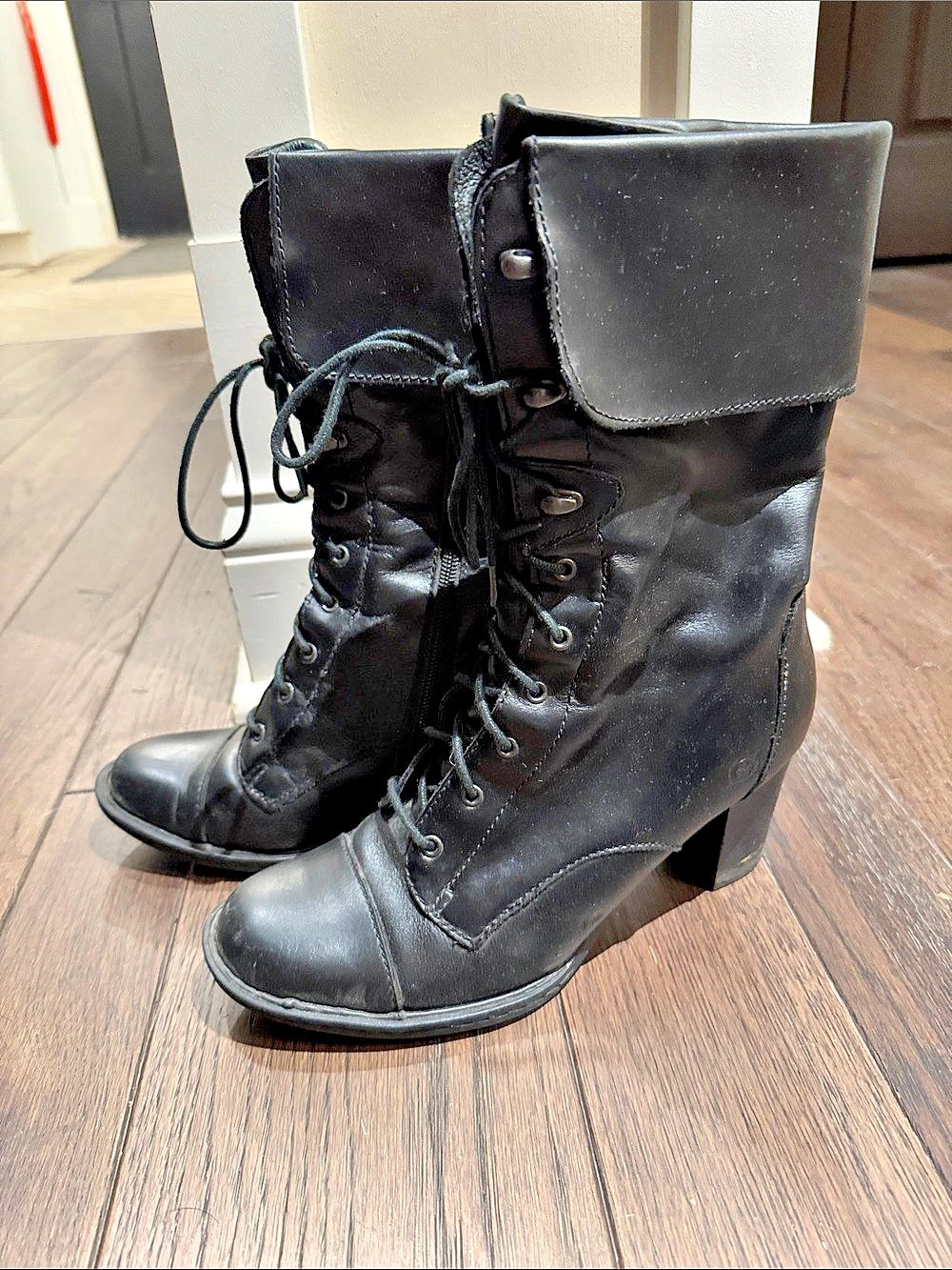 Born Black Leather Lace-Up Heeled Boots US 7.5